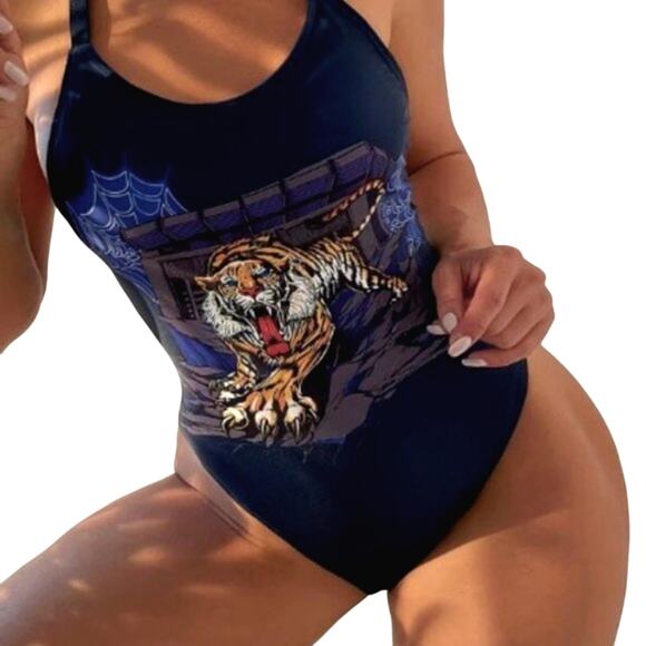 TIGER Bathing Suit Sz S NAVY BLUE Luxury Criss Cross Back Padded Avante Garde